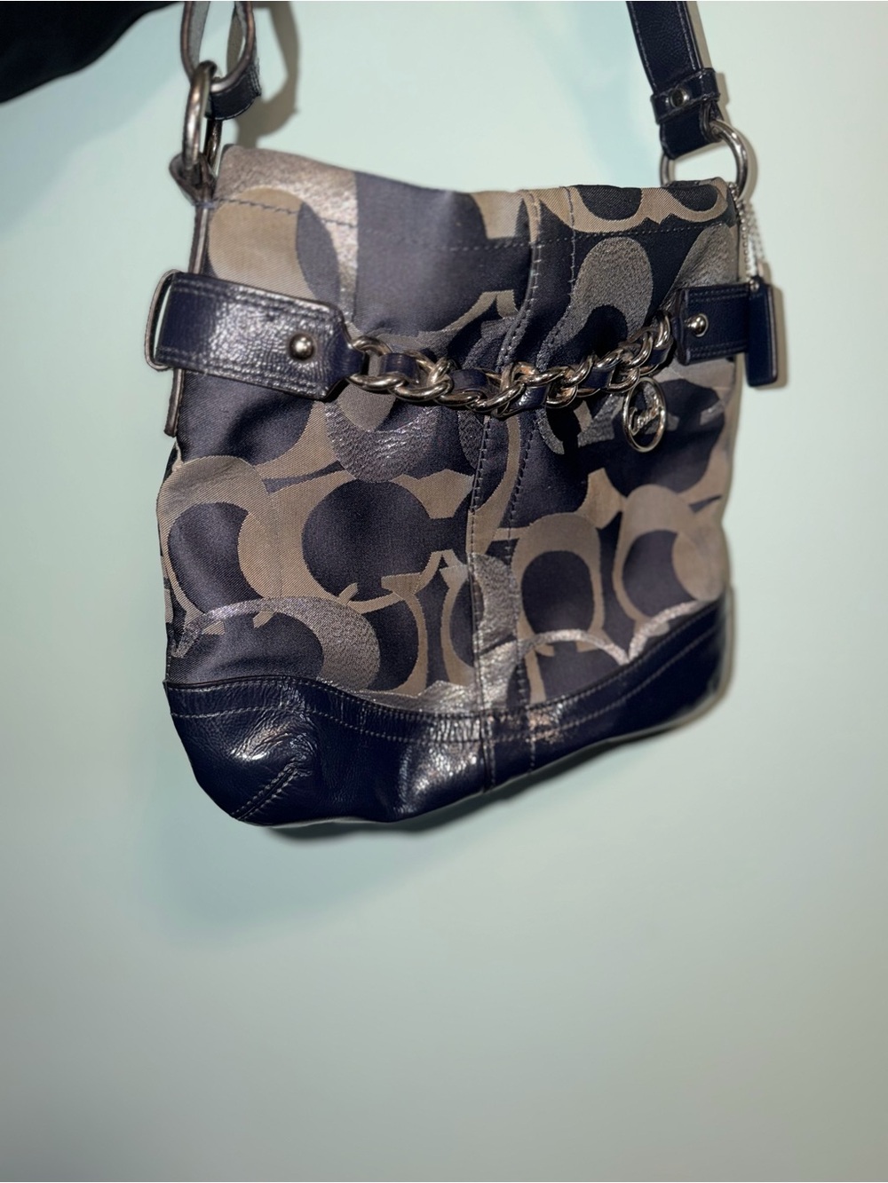 Coach Signature Chain-Accent Shoulder Bag in Blue and Brown